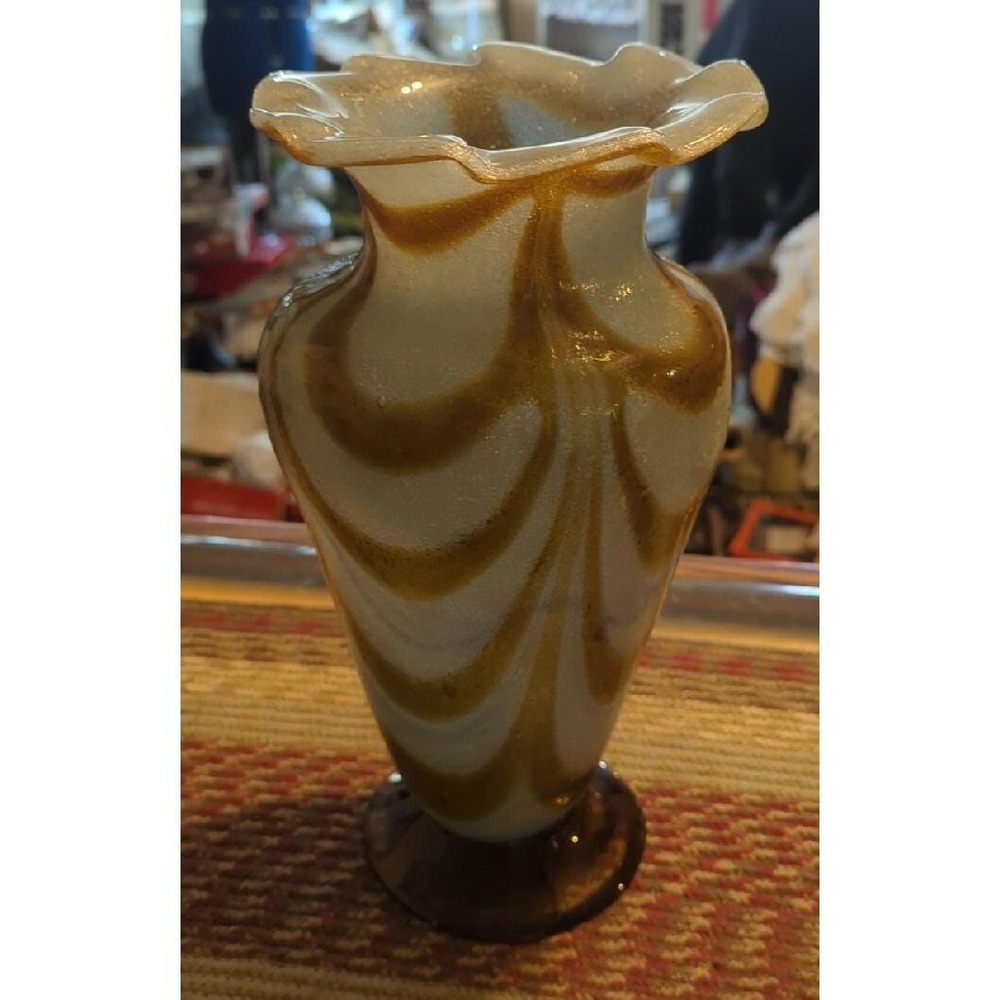 Blown Glass Ruffled Top Studio Vase Caramel Blue Swirls in White Seeded Thick